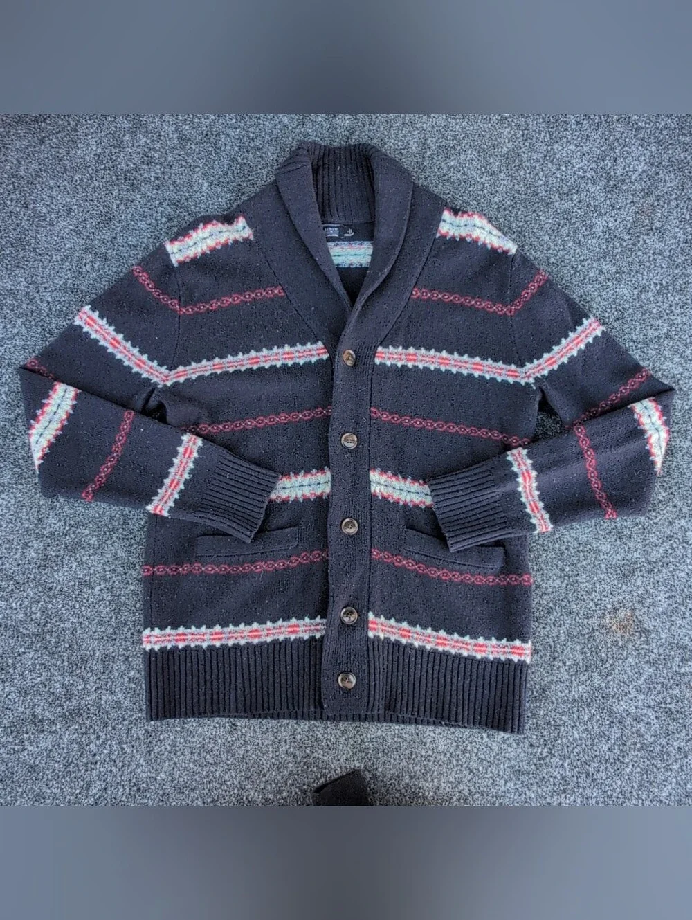 J Crew Cardigan Sweater Mens Small Blue Shawl Collar Lambswool Fair Isle Nordic